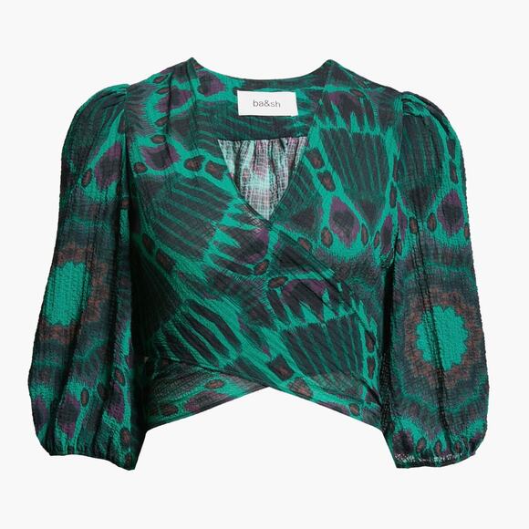 NWOT BA&SH Cally Ikat-print Gauze Crop Top Blouse In Vert Side Tie  Size Small - Picture 1 of 14